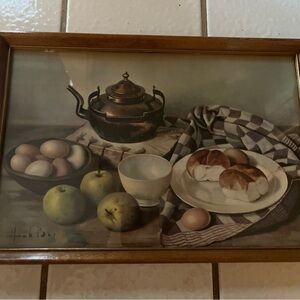 Vintage Still Life Artwork By Dutch Painter Henk Bos with Teapot and Fruit